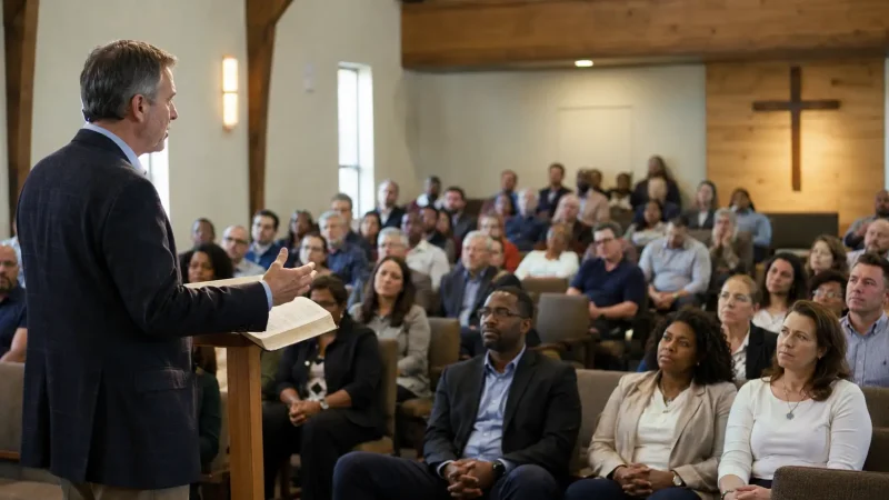 A Christian minister teaching from an open Bible before an attentive congregation in a modest local church. Christian minister, local church pastor, independent Christian ministry, biblical preaching, NACM minister, ministerial recognition, Christian ordination, small church ministry, Evangelical minister, open Bible, church congregation, National Association of Christian Ministers