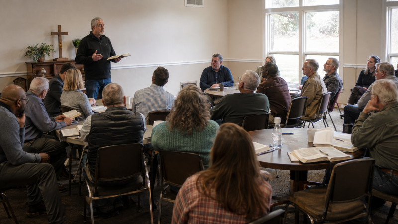 Christian ministers study the Bible together during a regional fellowship gathering in a modest local church. NACM fellowship, Christian minister fellowship, regional ministry gathering, Bible study for ministers, Christian ministers, ministerial encouragement, ministry relationships, Evangelical fellowship, local church gathering, independent ministers, Christian leadership, National Association of Christian Ministers
