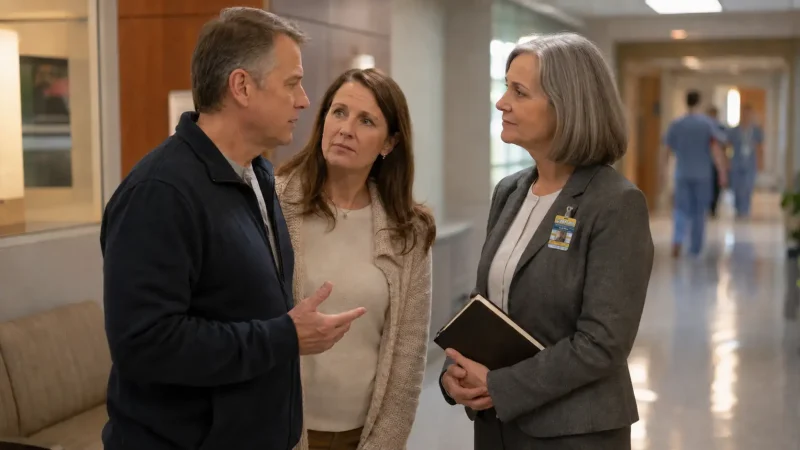 A woman chaplain wearing an NACM Chaplain badge provides pastoral care to a couple in a hospital. NACM chaplain, woman chaplain, Christian chaplaincy, hospital chaplain, pastoral care, women in ministry, Christian ministry, ministry beyond the church, spiritual care, ministerial recognition, community ministry, National Association of Christian Ministers