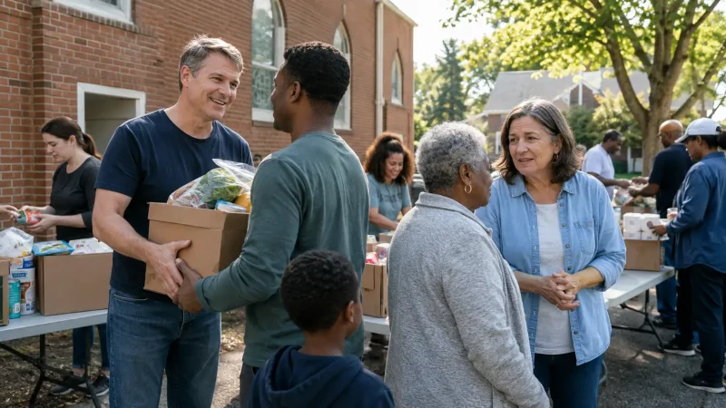 Christian ministers and volunteers distribute groceries and offer personal encouragement during a church community outreach. Christian community outreach, NACM ministers, Christian service, local church outreach, ministry volunteers, practical ministry, community ministry, independent Christian ministers, compassionate ministry, church food distribution, Evangelical ministry, National Association of Christian Ministers